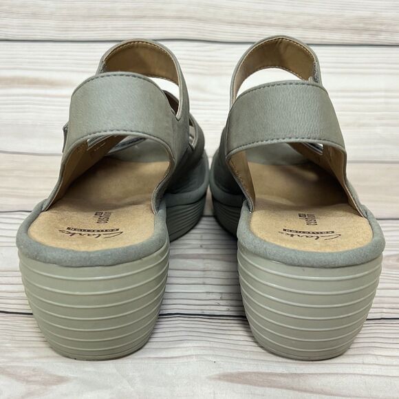 Clarks Reedly Juno Wedge Sandals Womens 8W Sage Nubuck Leather Triple Strap Shoe - Picture 3 of 15